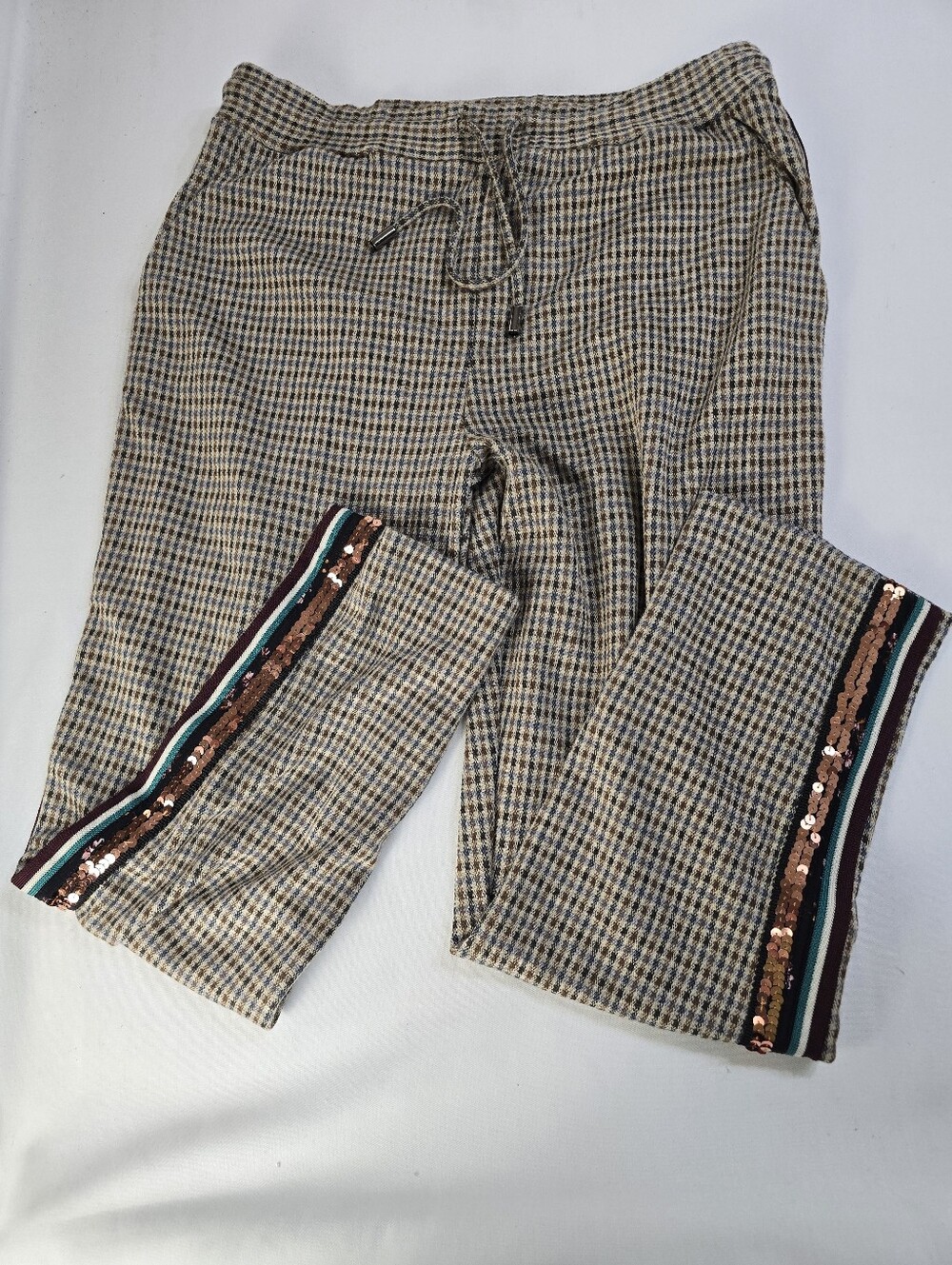 Anthropologie Maeve Bettie Tapered Trousers Size M Checkered Sequin Stripe